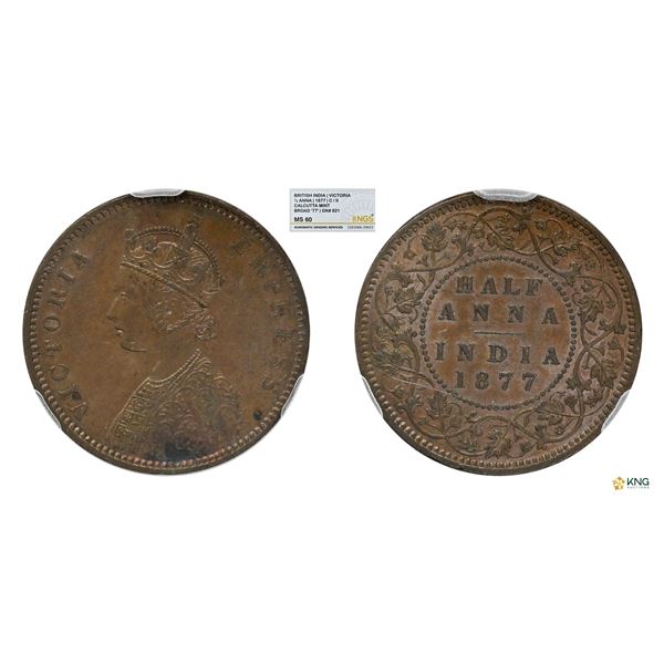 Victoria Empress, copper 1/2 Anna, 1877, Calcutta mint, NGS MS 60, Rare