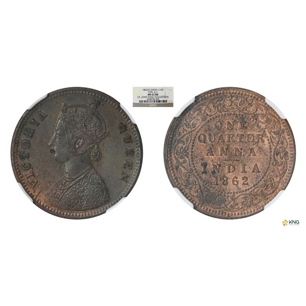 Victoria Queen, 1862(C), 1/4Anna, MS63RB, Ex John Page Collection