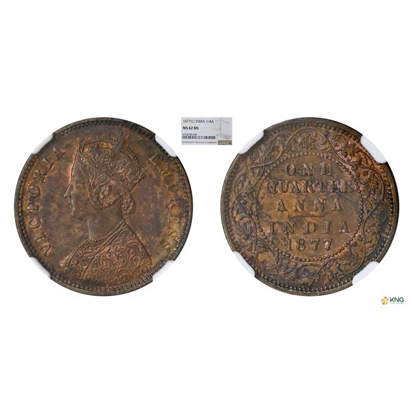 Victoria Empress, 1877(C), 1/4Anna, NGC MS 62BN