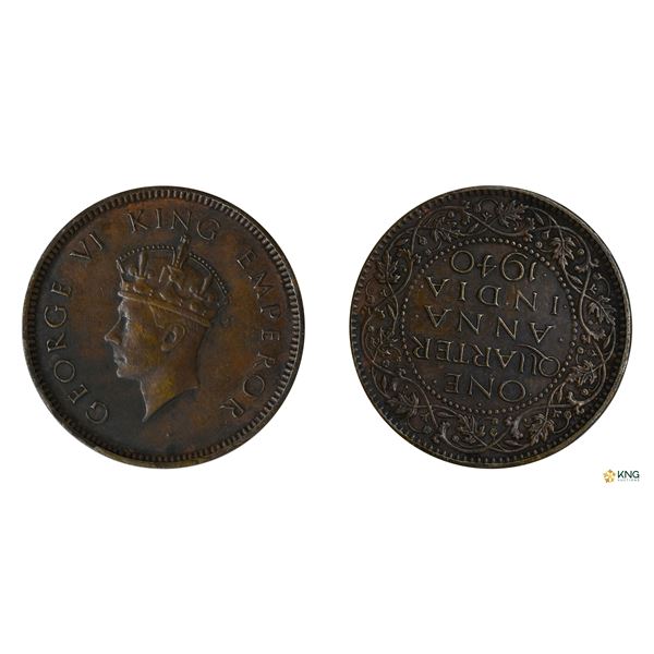 George VI, 1/4 Anna, approx. 6 o'clock Rotated, Extremely Rare
