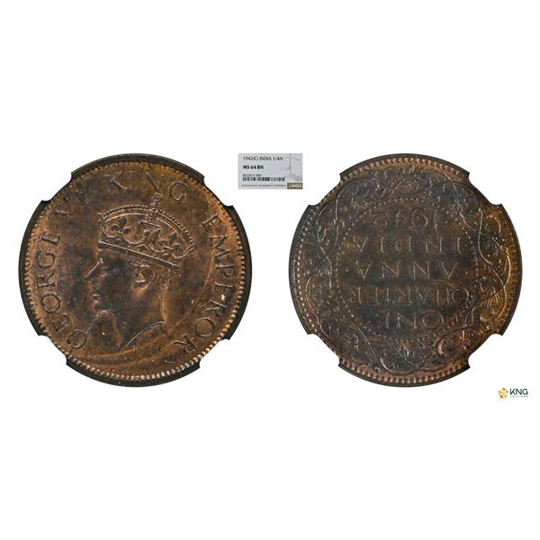 George VI, 1/4 Anna, 1942C 6'oclock, MS 64 BN, Extremely Rare