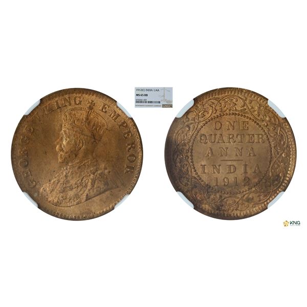 George V, Bronze Â¼ anna, 1912, Calcutta mint. NGC MS 65 RB.