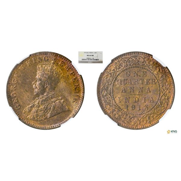 George V, 1/4Anna, 1913(C), NGC MS 64RB, Scarce