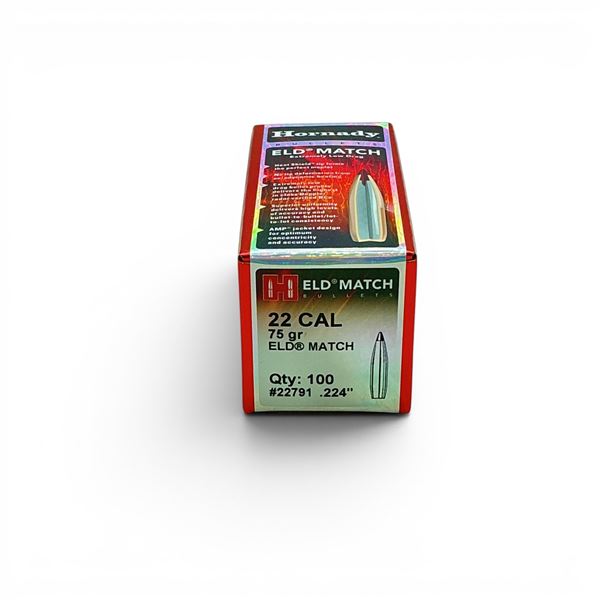 Hornady 22 Cal (.224"), 75 Grain ELD Match projectiles, 100 QTY