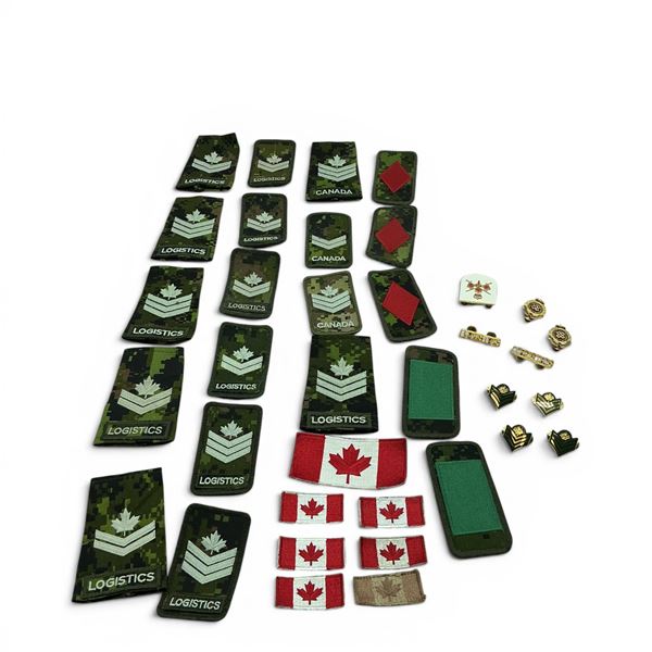 Logistics Epaulettes X 5, Logistics Pins X 5, Assorted Velcro Patches, Pins and Rank Badges