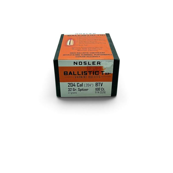 Nosler Ballistic Tip 204 Cal (.204"), 32 Grain BTV Projectiles, 100 QTY