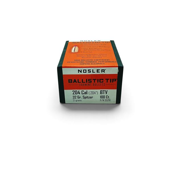 Nosler Ballistic Tip 204 Cal (.204"), 32 Grain BTV Projectiles, 100 QTY