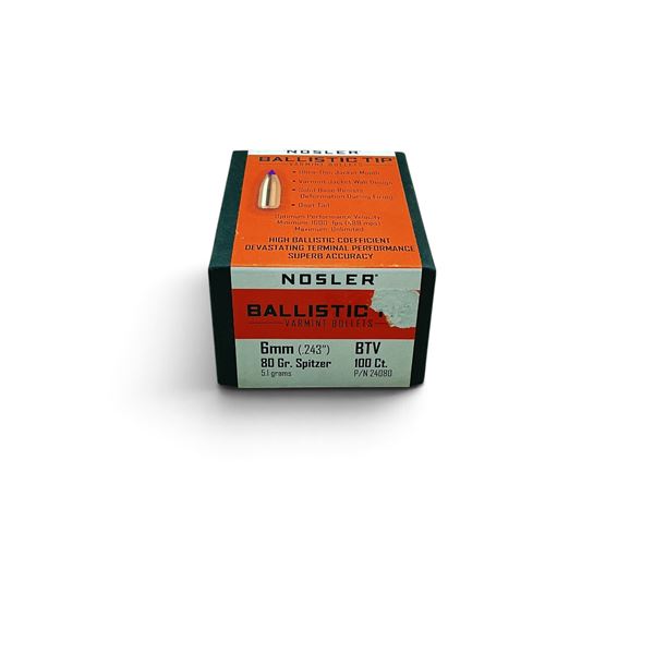 Nosler Ballistic Tip 6mm (.243"), 80 Grain BTV Projectiles, 100 QTY