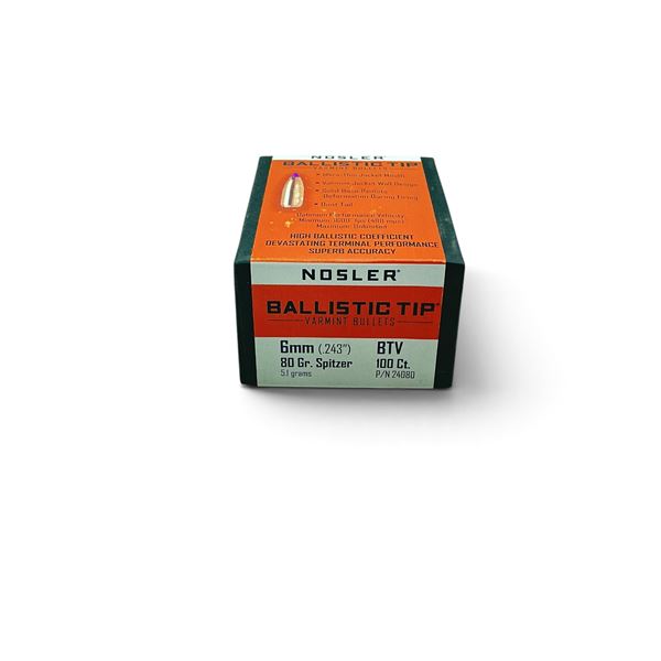 Nosler Ballistic Tip 6mm (.243"), 80 Grain BTV Projectiles, 100 QTY
