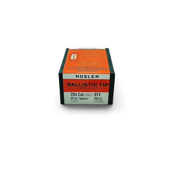 Nosler Ballistic Tip 204 Cal (.204"), 32 Grain BTV Projectiles, 100 QTY
