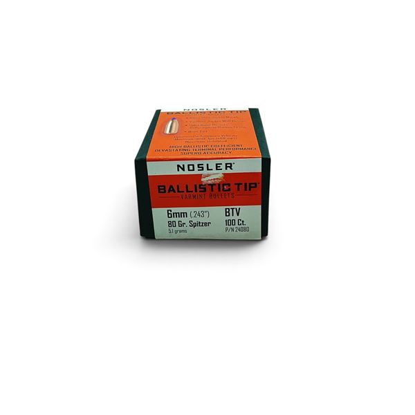 Nosler Ballistic Tip 6mm (.243"), 80 Grain BTV Projectiles, 100 QTY