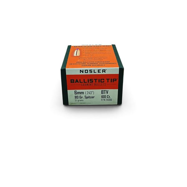 Nosler Ballistic Tip 6mm (.243"), 80 Grain BTV Projectiles, 100 QTY