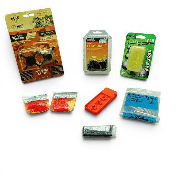 Airbag Bumper, Deluxe Bowsling, Nocks, Control Freak Soap, Shaft Components
