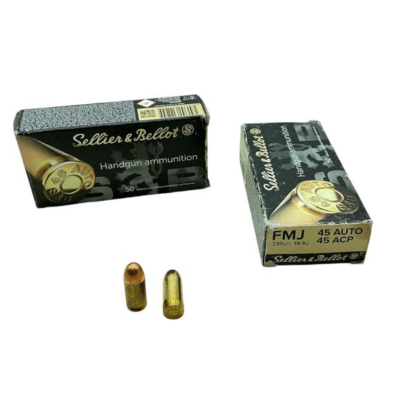 Sellier and Bellot 45 Auto, 230 Grain FMJ Ammunition, 100 Rounds