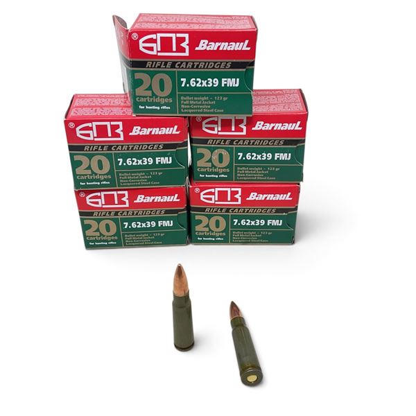 Bernaul 7.62x39, 123 Grain FMJ Ammunition, 100 Rounds