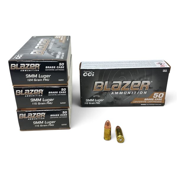Assorted CCI Blazer 9mm FMJ Ammunition, 200 Rounds