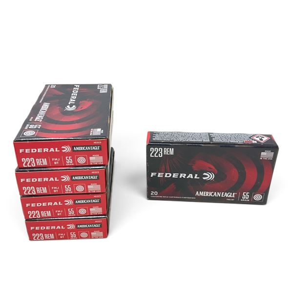 Federal American Eagle, 223 Rem 55 Grain FMJ-BT Ammunition, 100 Rounds