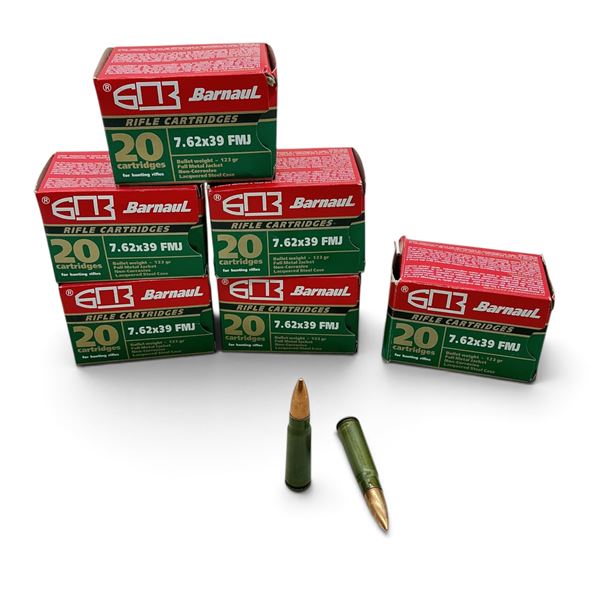 Barnaul 7.62x39, 123 Grain FMJ Ammunition, Approximately 105 Rounds