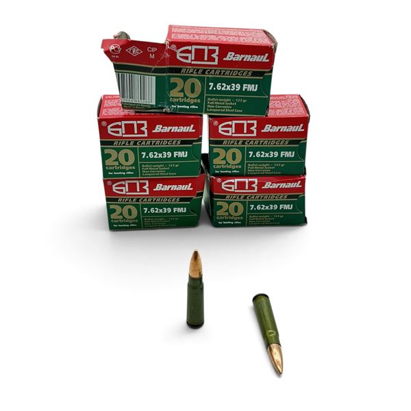 Barnaul 7.62x39, 123 Grain FMJ Ammunition, Approximately 100 Rounds