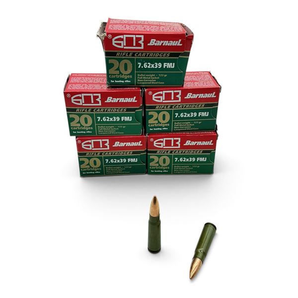 Barnaul 7.62x39mm, 123 Grain FMJ Ammunition, Approximately 100 Rounds