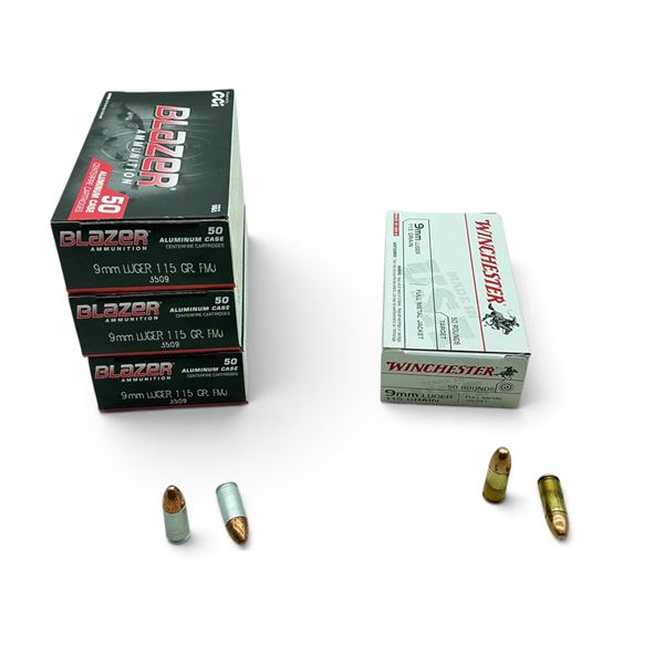 Assorted 9mm, 115 Grain FMJ Ammunition, 200 Rounds