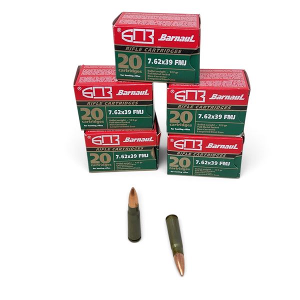 Barnaul 7.62x39, 123 Grain FMJ Ammunition, 100 Rounds