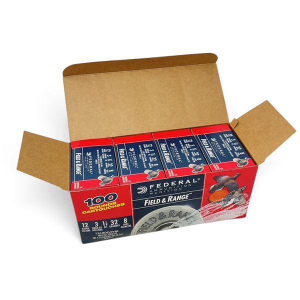 Federal Field and Range 12 Ga, 2-3/4", 1-1/8 Oz, #8 Ammunition, 100 Rounds