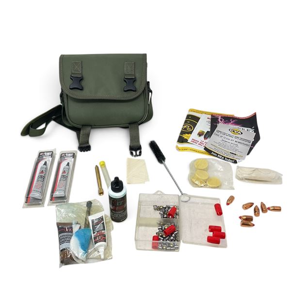 Assorted Cleaning and Black Powder Supplies, Comes in green shoulder bag