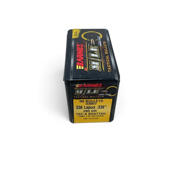 Barnes Mile Lead Free 338 (.338") Lapua 285 Grain Tax-X BT Projectiles, QTY 50