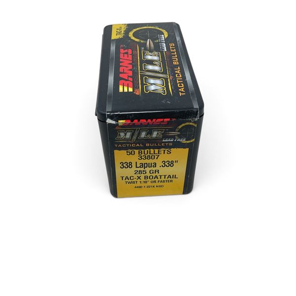 Barnes Mile Lead Free 338 (.338") Lapua 385 Grain TAC-X BT Projectiles, QTY 50