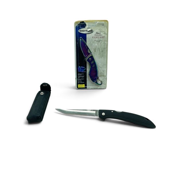 Sheffield Folding 2 1/2" Blade Pocket Knife with Carabiner Ring and 4 1/2" Blade Fillet Knife