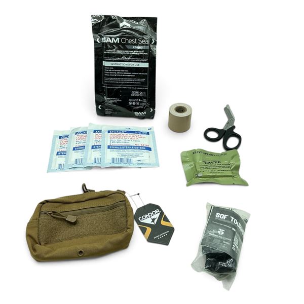 First Aid Kit, Includes SOF Tourniquet, Trauma Scissors, Chest Seal, Gauze, Tape, Condor Bag