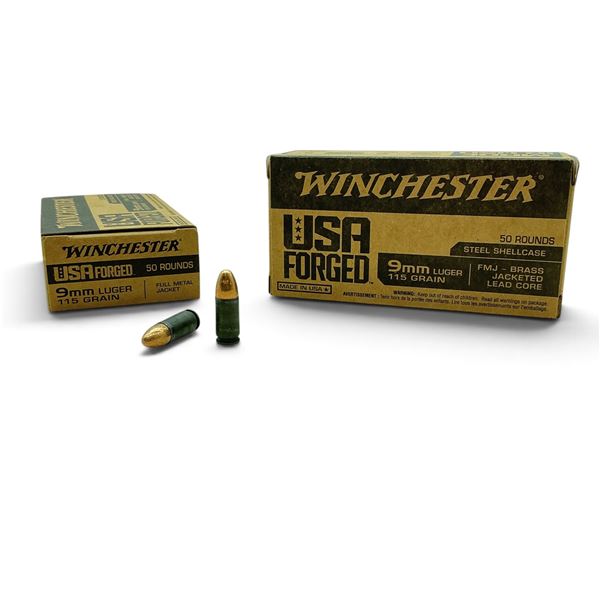 Winchester USA Forged 9mm Luger 115 Grain Ammunition, 100 Rounds