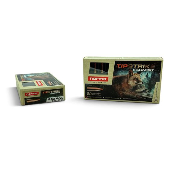 Norma Tipstrike Varmint 243 Win 76 Grain Polymer Tip Ammunition, 40 Rounds
