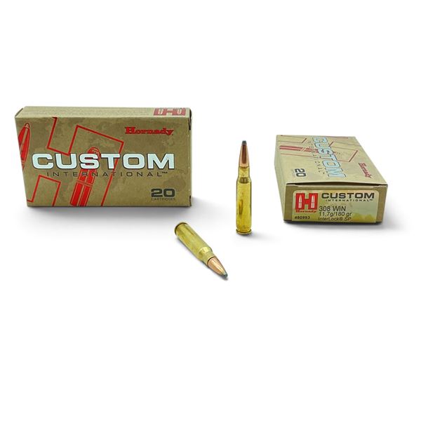 Hornady Custom International 308 Win, 180 Grain Interlock SP Ammunition, 40 Rounds