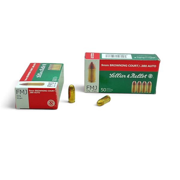 Sellier and Bellot 9mm Browning Court / .380 Auto, 92 Grain FMJ Ammunition, 100 Rounds