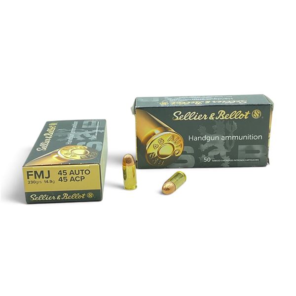 Sellier and Bellot 45 Auto, 230 Grain FMJ Ammunition, 100 Rounds
