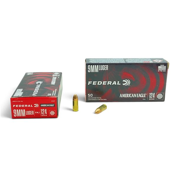 Federal American Eagle 9mm, 124 Grain FMJ Ammunition, 100 Rounds