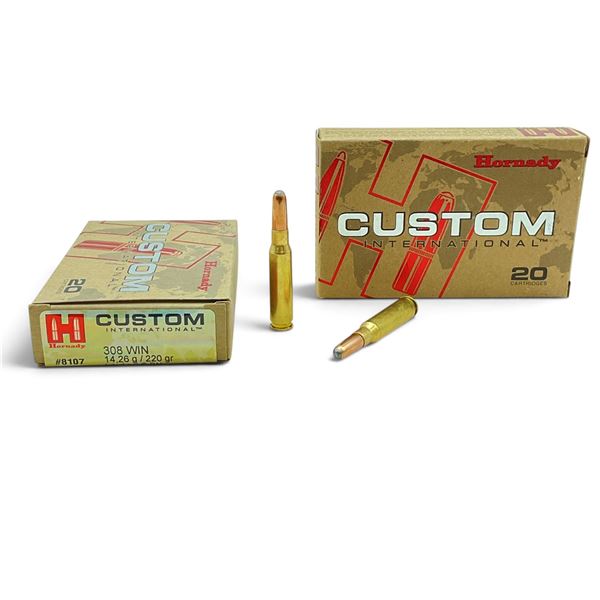 Hornady Custom International 308 Win, 220 Grain Interlock RN Ammunition, 40 Rounds