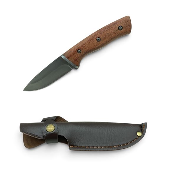Fixed 4" Blade Kinfe with Wood Handle in Belt Sheath, New
