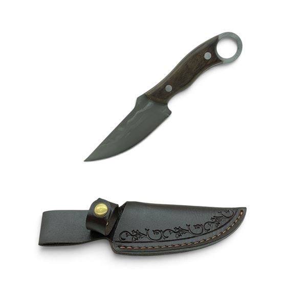 Fixed 4" Blade Knife with Wood Handle and Belt Sheath, New