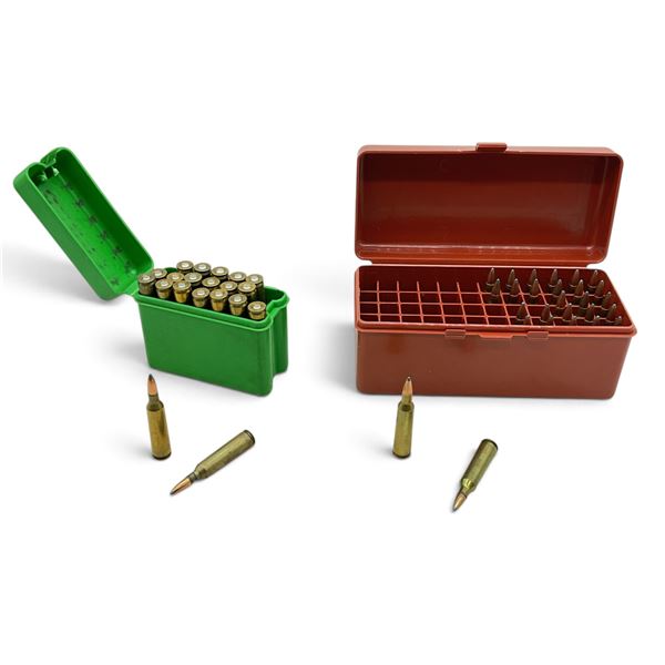 MTM Case Gard Container with 22-250 Rem Reloaded and Norma Ammunition, Approx 47 Rounds