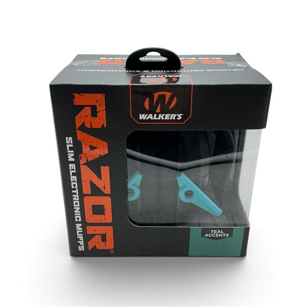 Walkers Razor Slim Electronic Muffs With Teal Accents, New