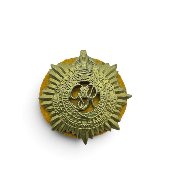 Royal Canadian Army Service Corps King's Crown Cap Badge, With Yellow Backing