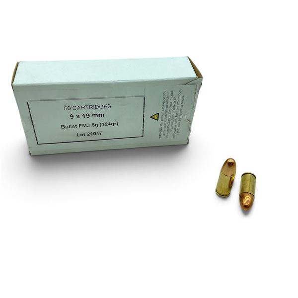 9 x 19mm 124 Grain FMJ Ammunition, 50 Rounds