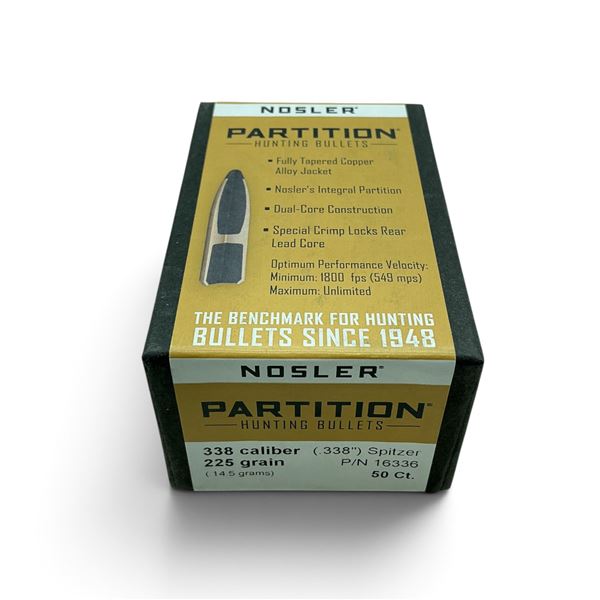 Nosler Partition 338 Cal (.338"), 225 Grain Spitzer Projectiles, 50 QTY