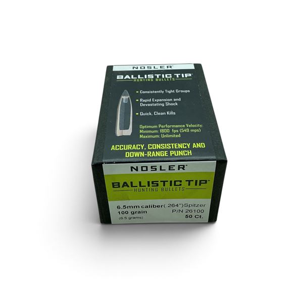 Nosler 6.5mm Cal (.264"), 100 Grain, Ballistic Tip Spitzer Projectiles, 50 QTY