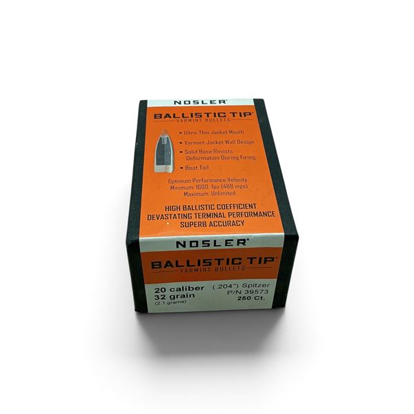 Nosler Varmint Bullets, 20 Cal (.204"), 22 Grain Ballistic Tip Spitzer Projectiles, 250 QTY