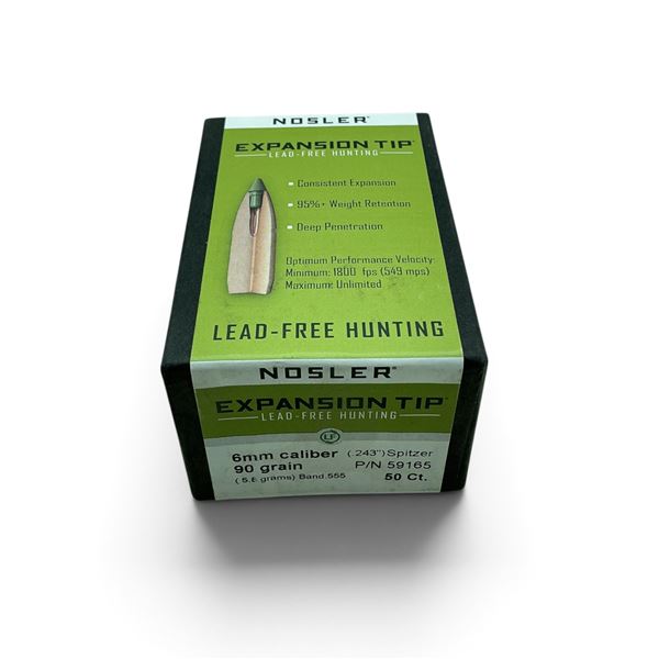 Nosler 6mm Cal (.243"), 90 Grain Expansion Tip Spitzer Projectiles, 50 QTY