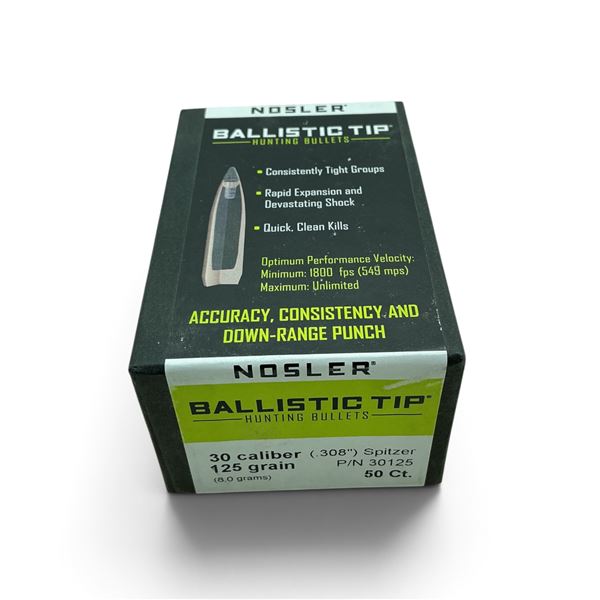 Nosler 30 Cal, (.308") 125 Grain, Ballistic Tip Projectiles, 50 QTY